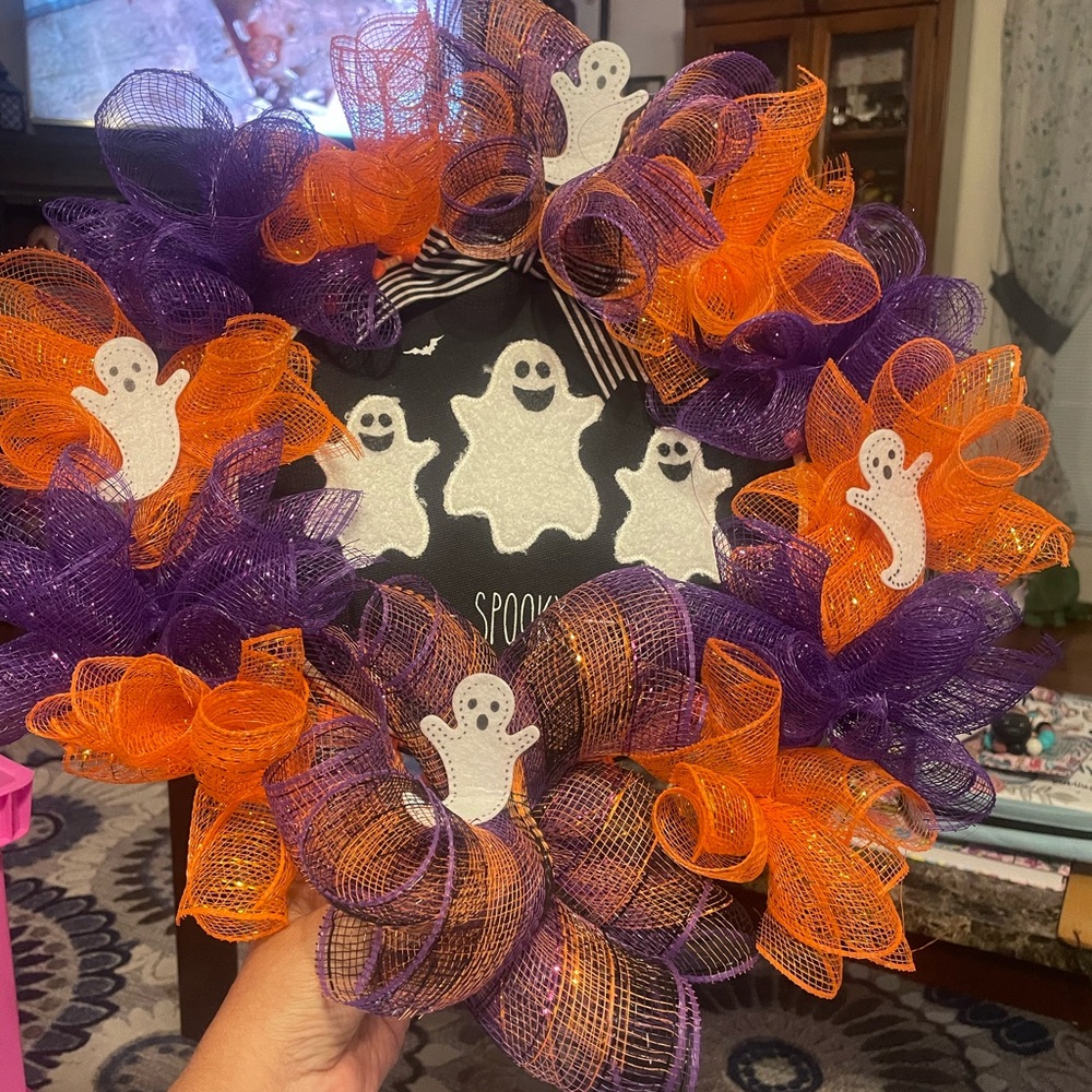 Spooky Ghost Wreath with Purple and Orange Mesh